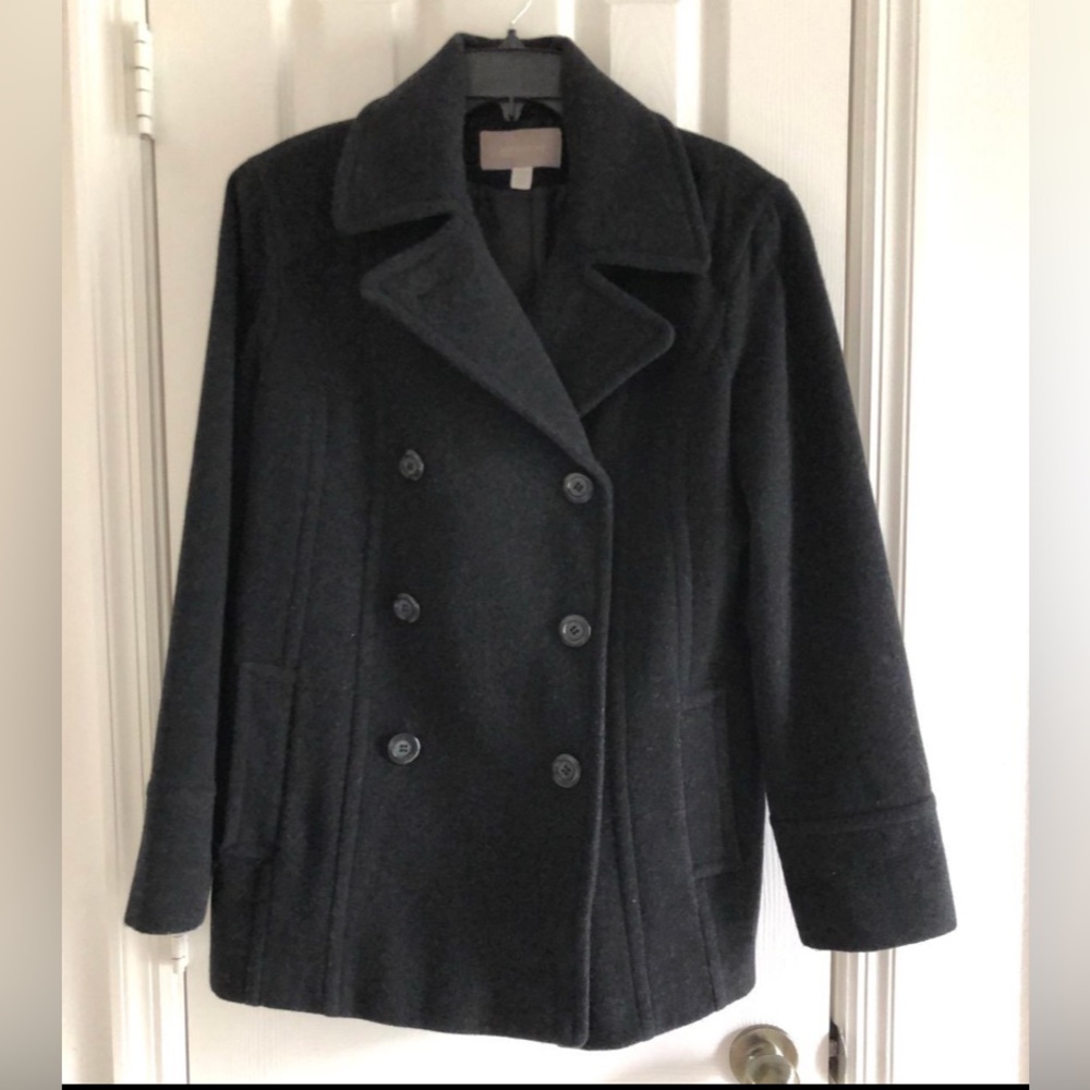Croft & Barrow Woman Pea Winter Coat Black Double Button classic Wool Sz L EUC